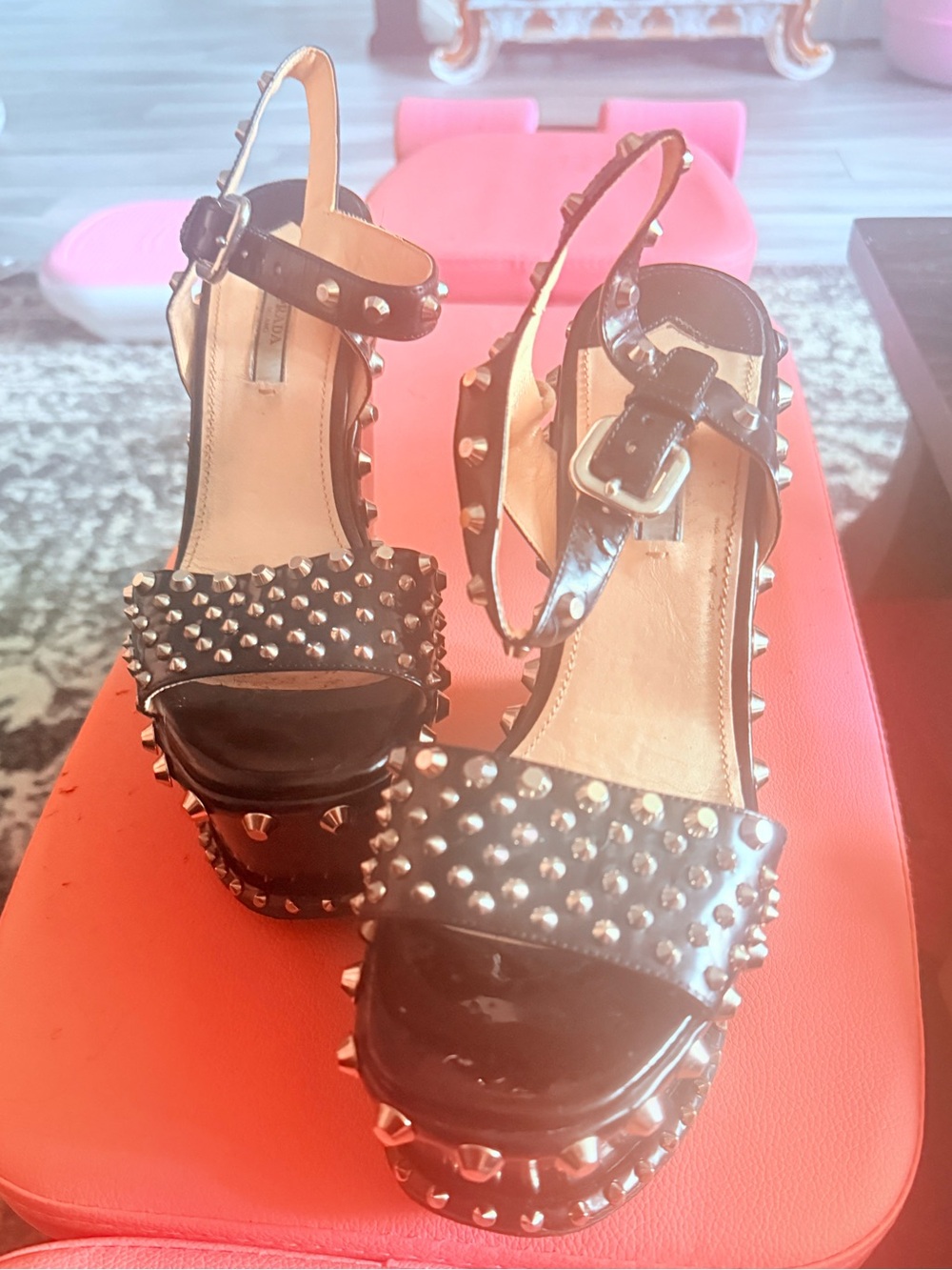 PRADA BLACK SPAZZOLATO STUDDED PLATFORM SANDAL
